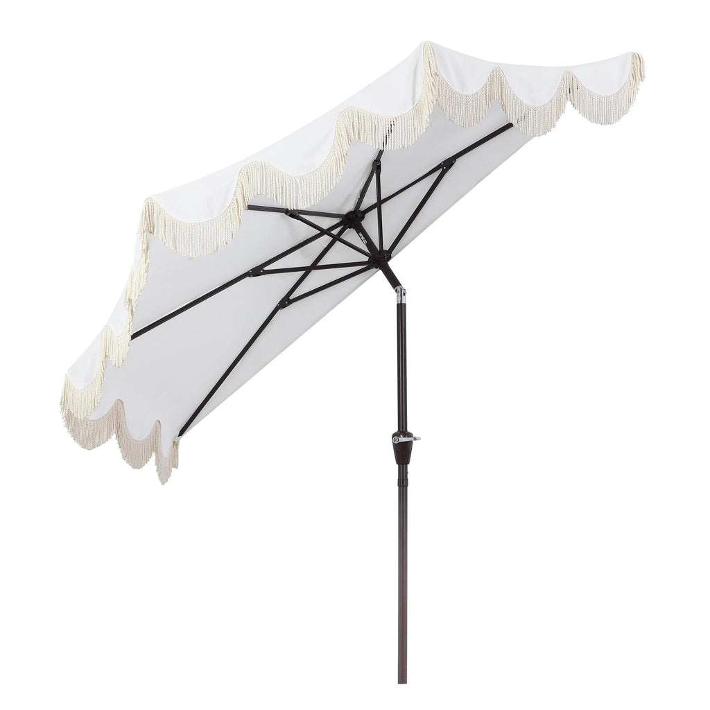 JONATHAN Y Beverly 9 ft. Half Market Patio Umbrella, Designer Classic Scalloped Fringe with Crank, Tilt Button and UV Protection, Blue/White/Cream, Dark Brown Pole