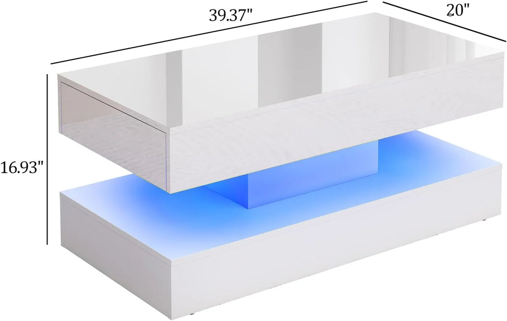 ChVans Large Black LED Coffee Table with 2 Storage Drawers, Modern High Gloss Coffee Table w/20 Colors LED Lights/APP Control, 2 Tiers Rectangle Large Living Room Furniture w/Marbling Print(47.3")