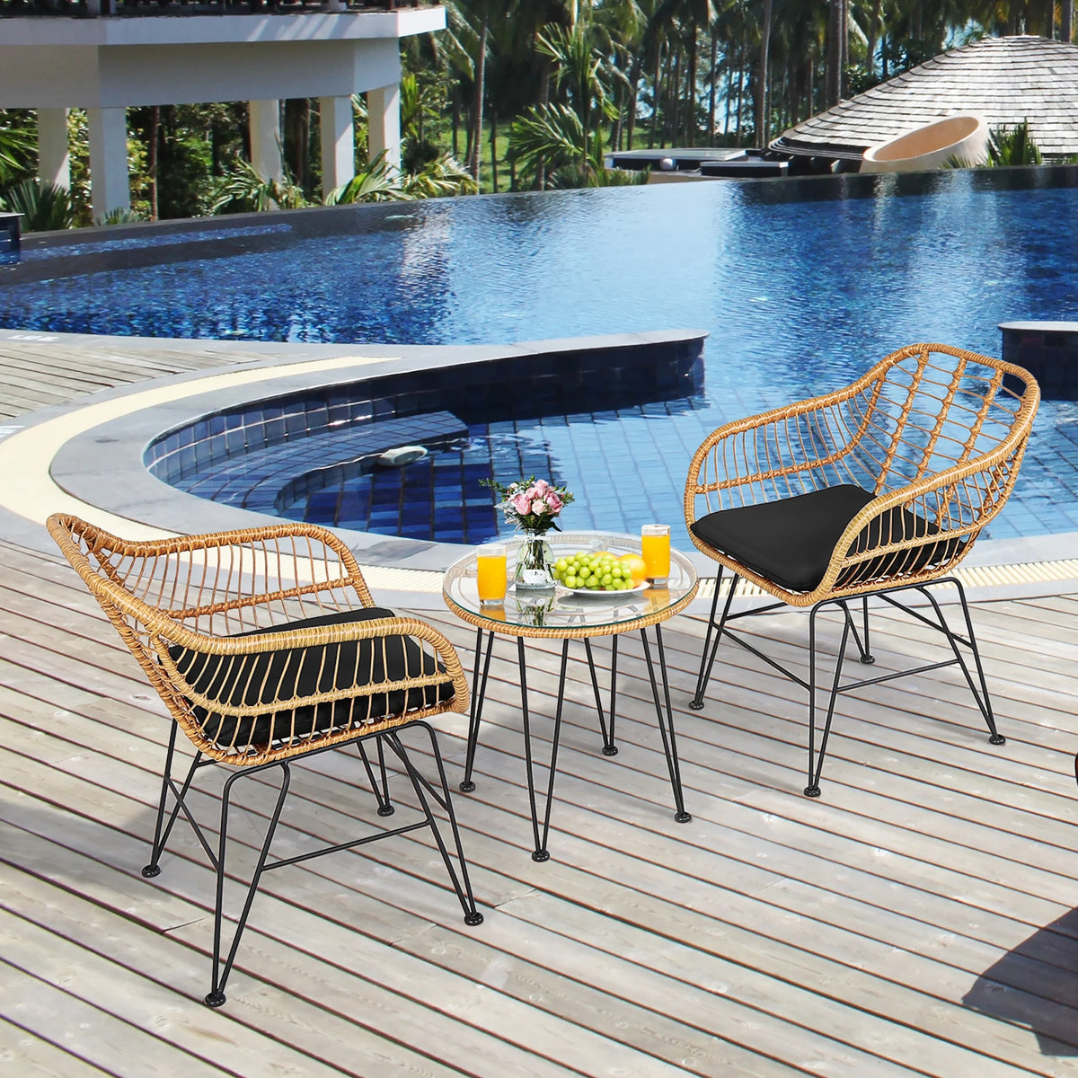 Costway 3PCS Patio Rattan Bistro Furniture Set Cushioned Chair Table Navy