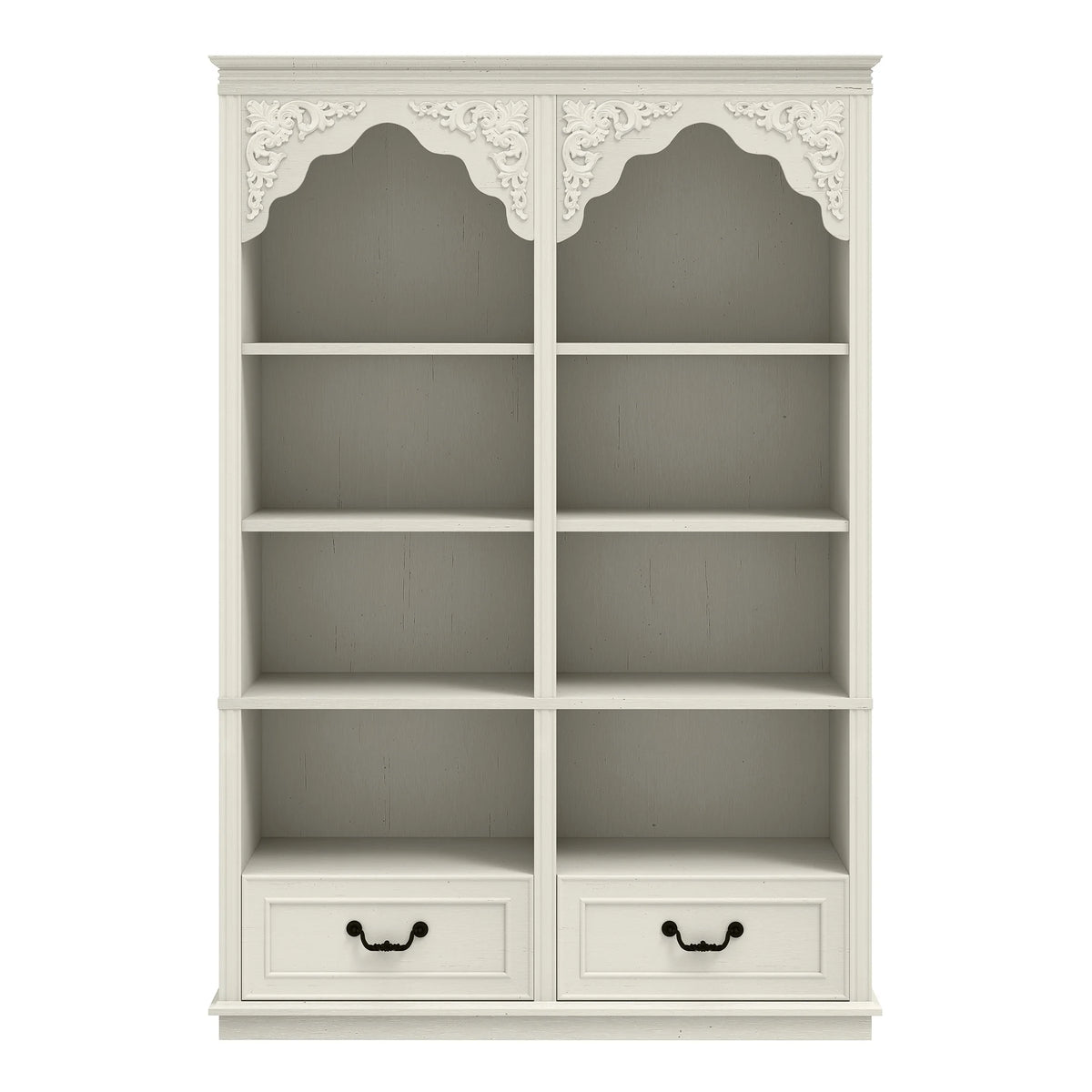 ModFusion 70" Distressed White Bookshelf with Adjustable Shelves and Two Drawers