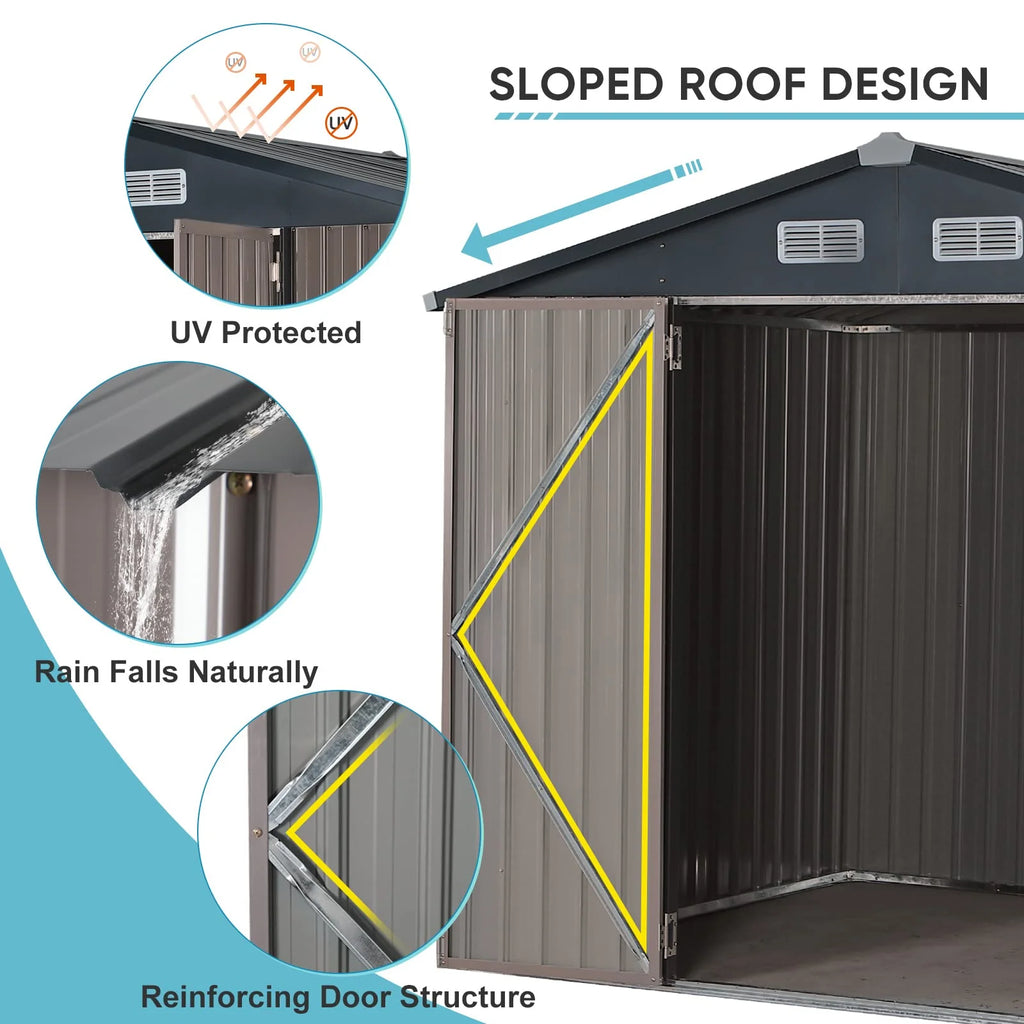 JOIVI 8'x6' Outdoor Storage Shed, Galvanized Metal Tool Storage Shed, Weather Resistant Garden Shed W/Lock for Backyard Patio Lawn, Brown