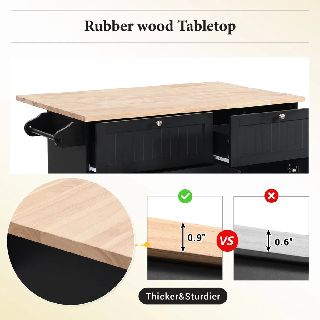 3 Pieces Farmhouse Style Kitchen Island Set with 2 Dining Stools, Kitchen Island with Adjustable Shelf, 4 Drawers, 2-Door Cabinet, Towel Rack & Rubber Wood Tabletop, Blue