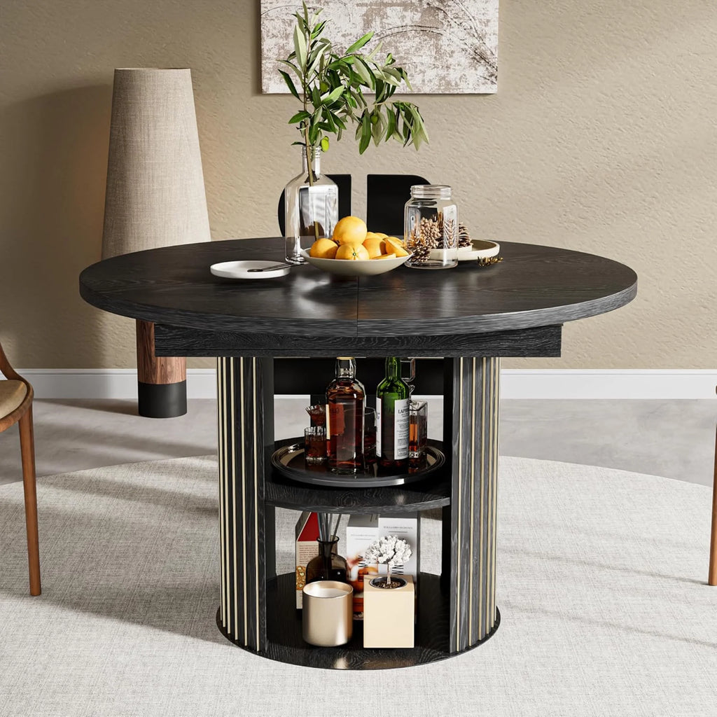 Extendable Dining Table for 4-6, Round Kitchen Table with Storage Shelf, Oval Dining Tables for Living Room (Walnut)