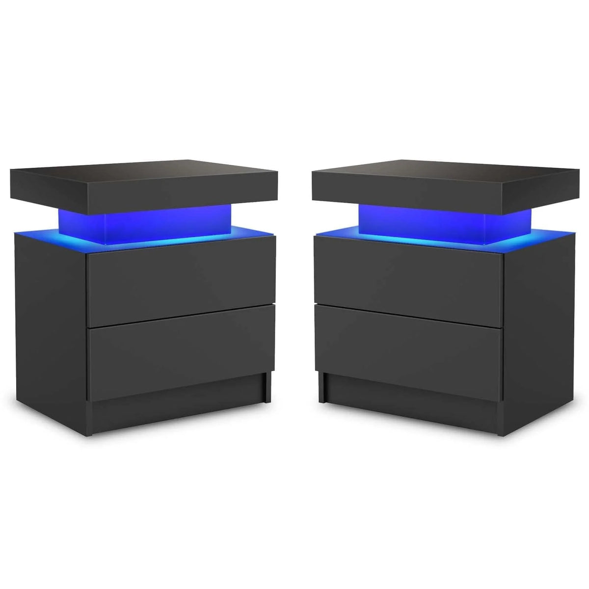 LED Nightstand Set of 2, Modern Bedside Table with 2 Drawers Storage Space, Adjustable Colors LED Light, Black