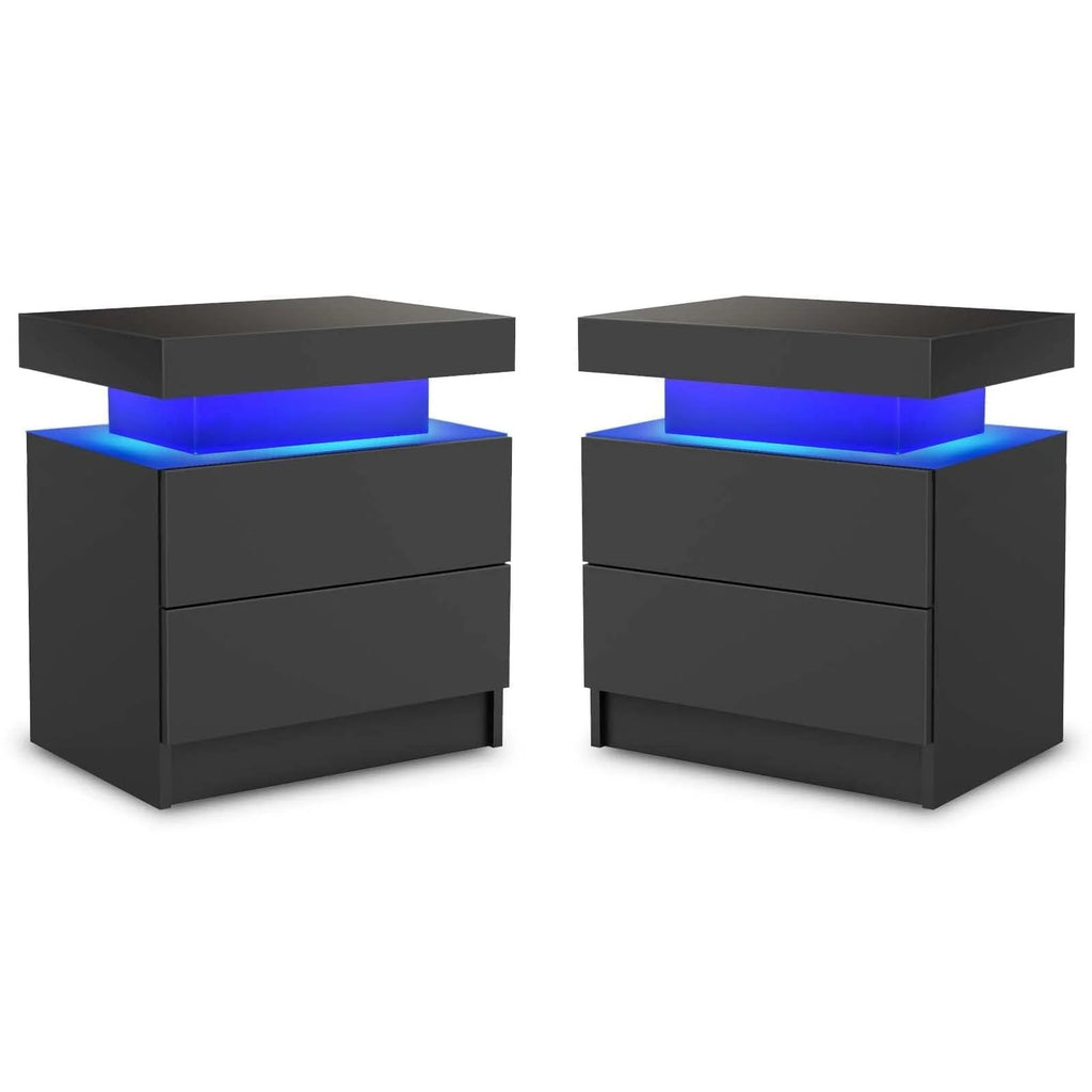 LED Nightstand Set of 2, Modern Bedside Table with 2 Drawers Storage Space, Adjustable Colors LED Light, Black