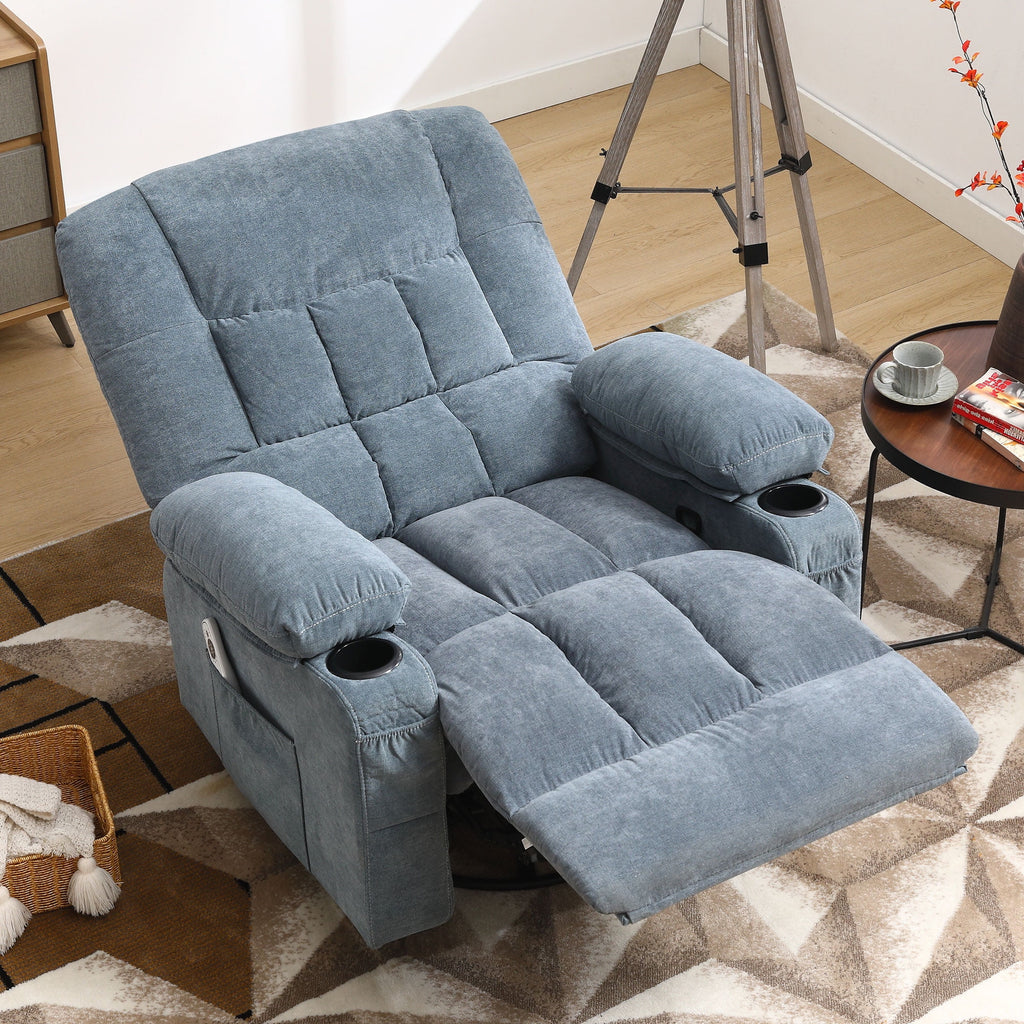 JONPONY Manual Recliner Chair with Heat Therapy and Massage Function, Heavy Duty Reclining Mechanism Massage Chair, Elderly Single Rocker Sofa with Cup Holders for Bedroom Home Theater,Blue