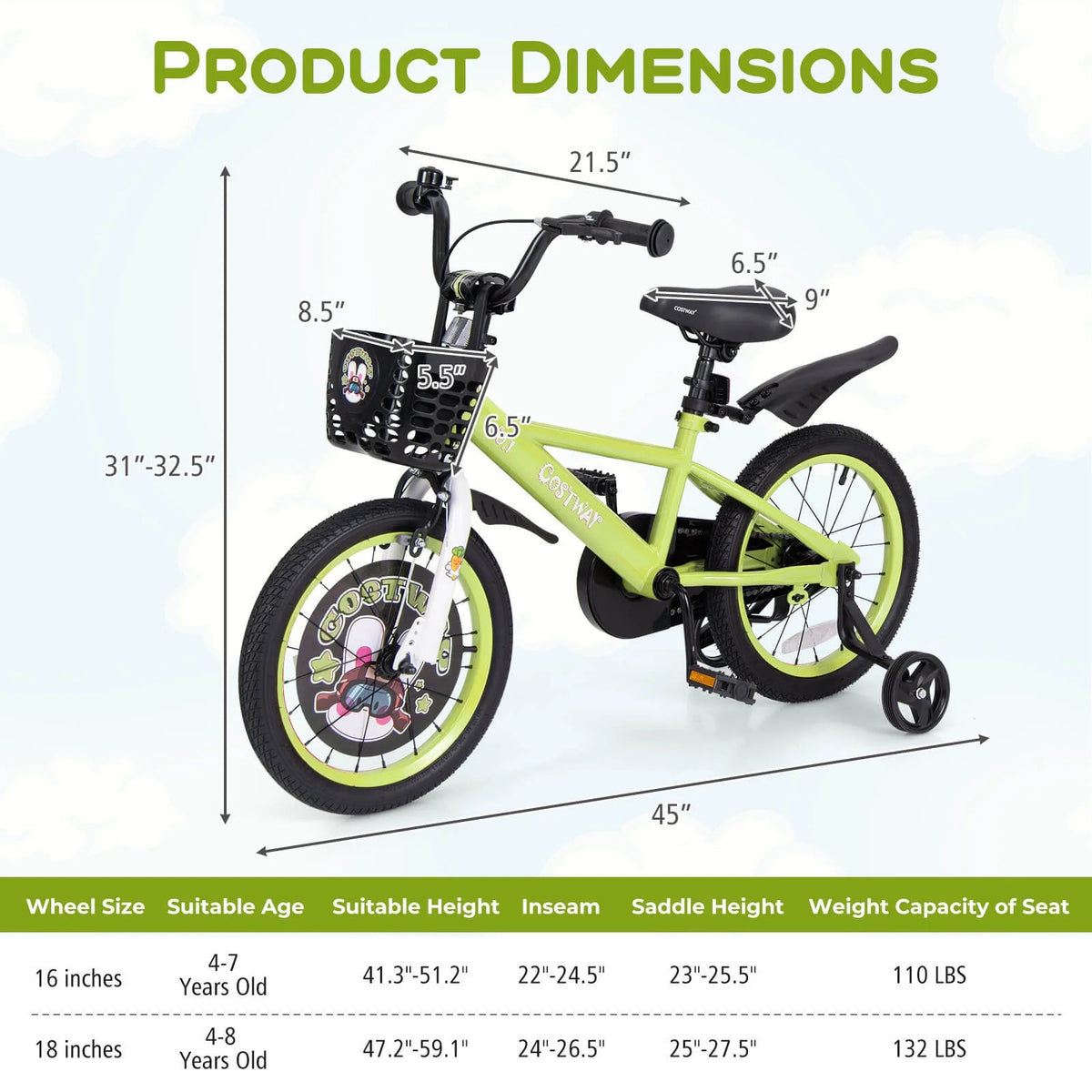 Costway 16" Kid’s Bike for 4-7 with Height-Adjustable Handlebar & Saddle Handbrake Blue