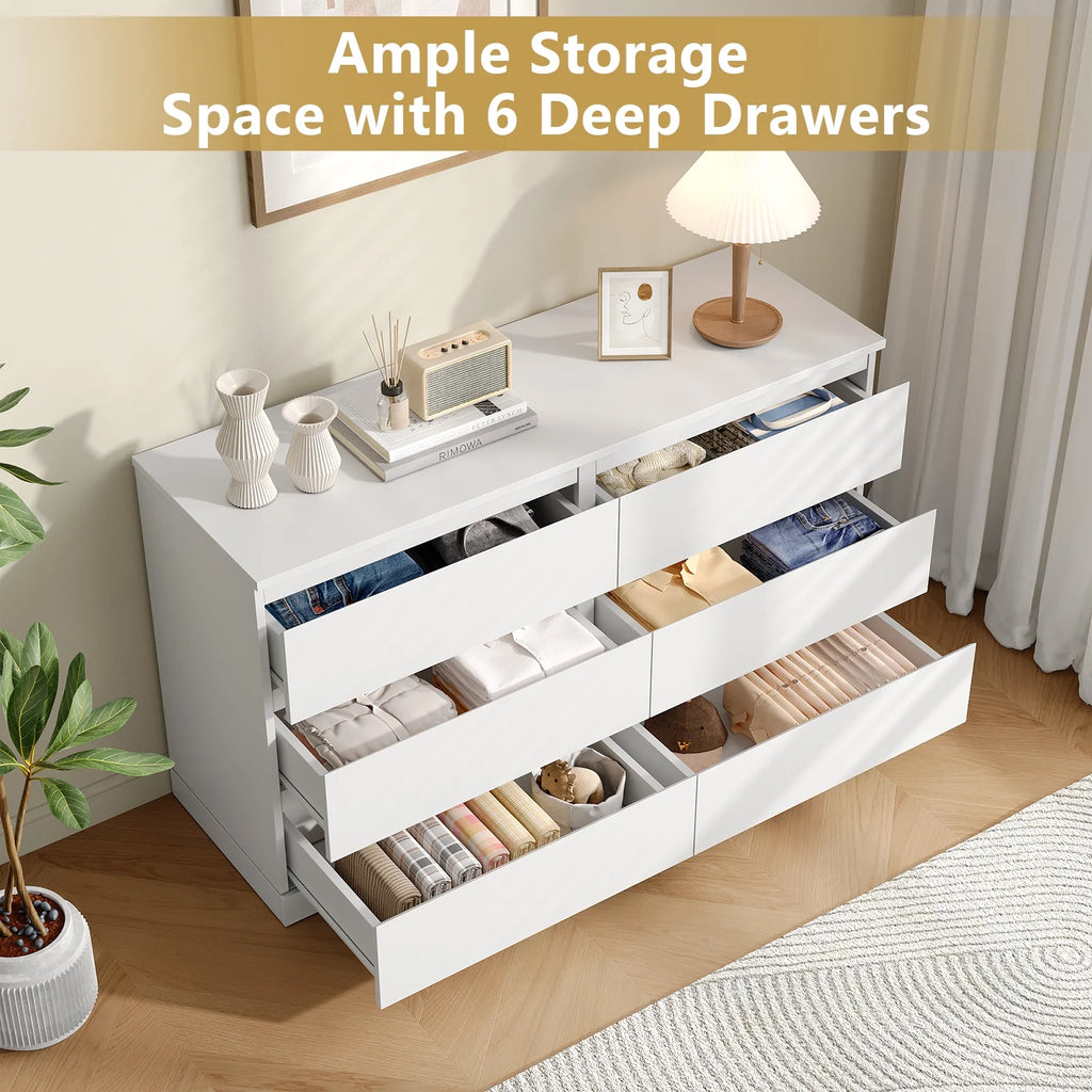 LAFGUR 6 Drawer Double Dresser,Wood Storage Organizer Cabinet Chest for Bedroom Living Room,White
