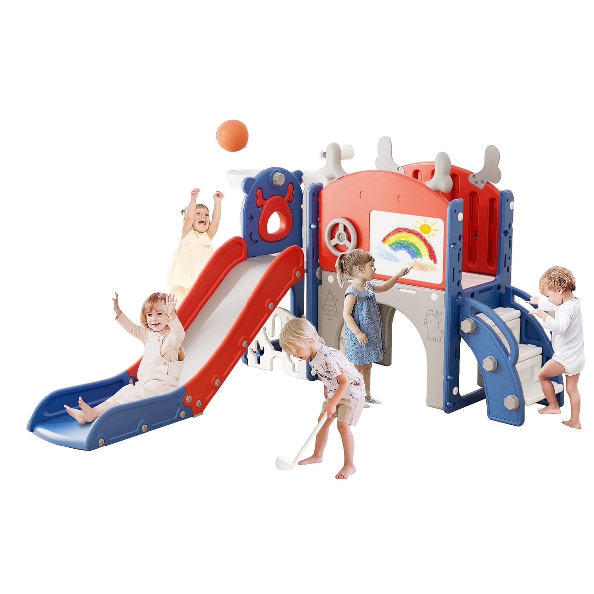 Korimefa 11-in-1 Toddler Slide Set with Golf, Basketball Hoop, Kids Slide for Toddlers Age 1-4, Climber Slip and Slides, Baby Outdoor Toys