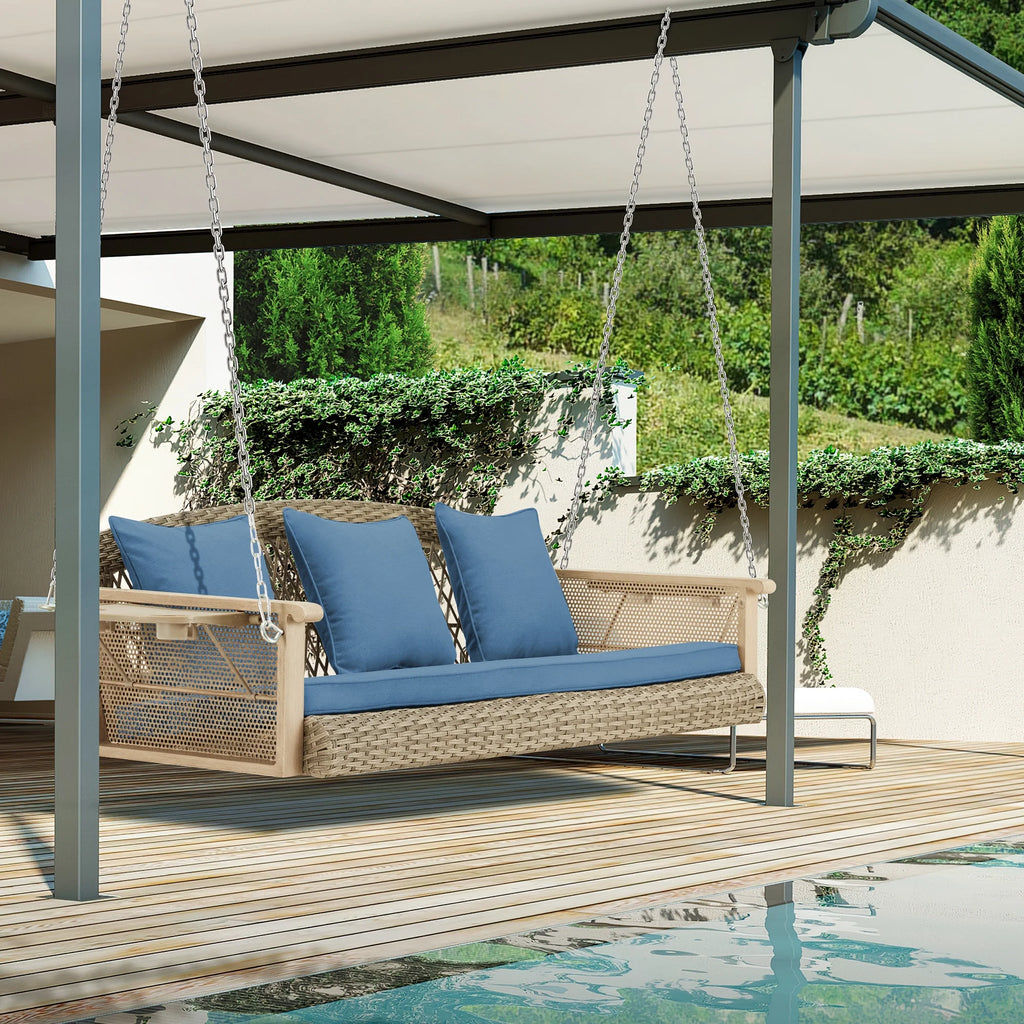 Homrest 3-Person Porch Swing 55in Wicker Hanging Swing Bench with Cushions and Cupholders for Deck, Garden and Backyard, Beige