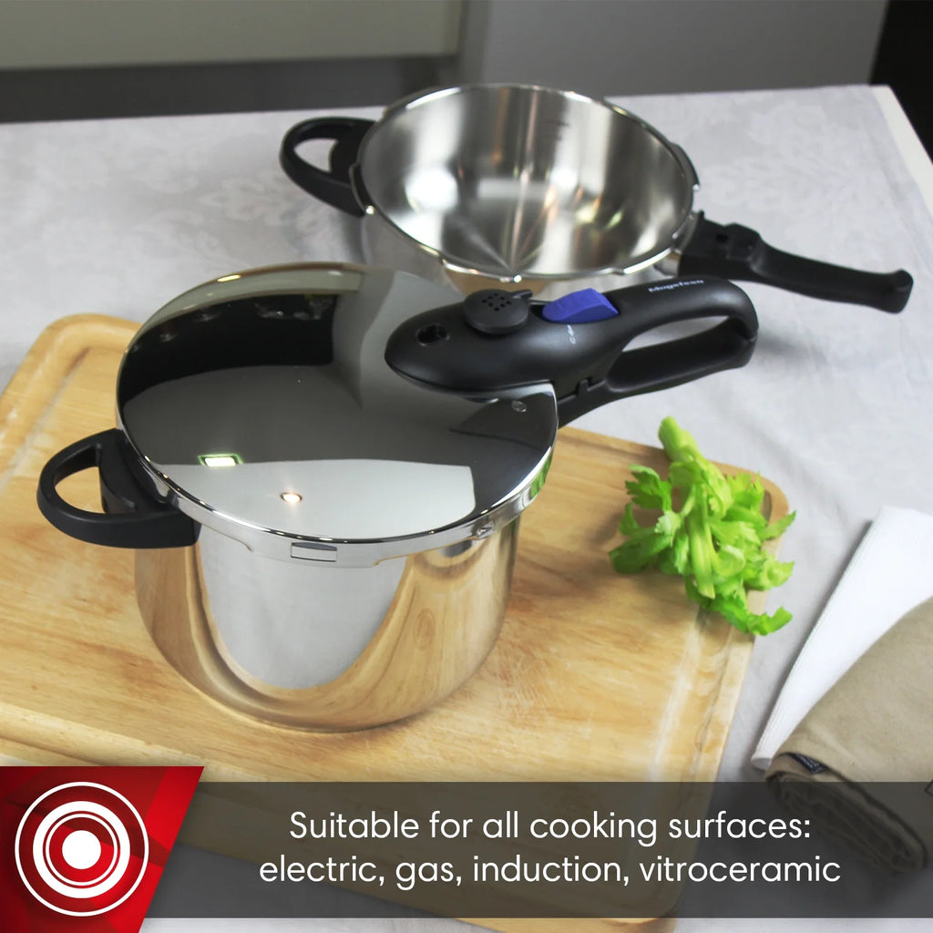 MAGEFESA Favorit Six Stainless Steel  Pressure Cooker Set, 3.2 Qt & 6.3 Qt, Induction Compatible Special Edition (Steam Basket, Lid & Recipe Book)