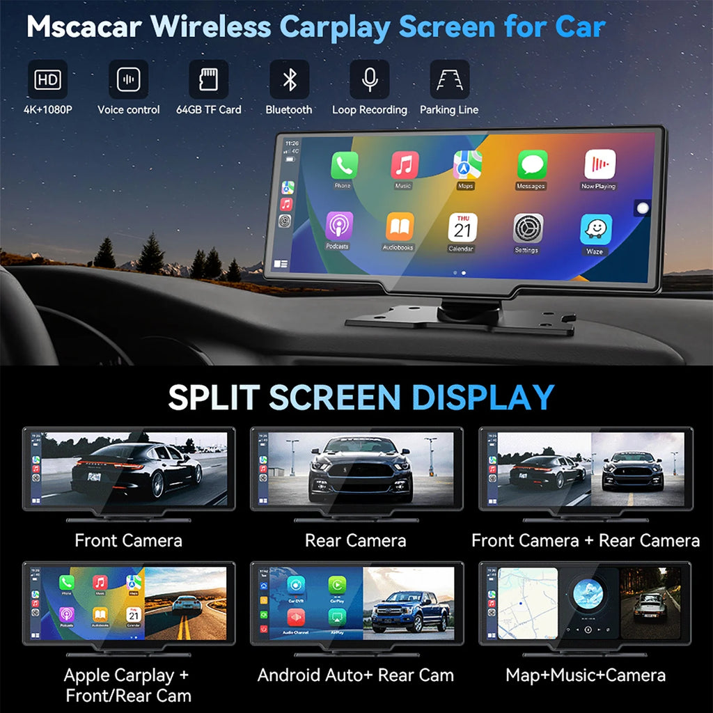 10.26 Wireless Apple Carplay Screen with Android Auto, 4K Dash Cam, Backup Camera, Bluetooth, GPS, Voice Control