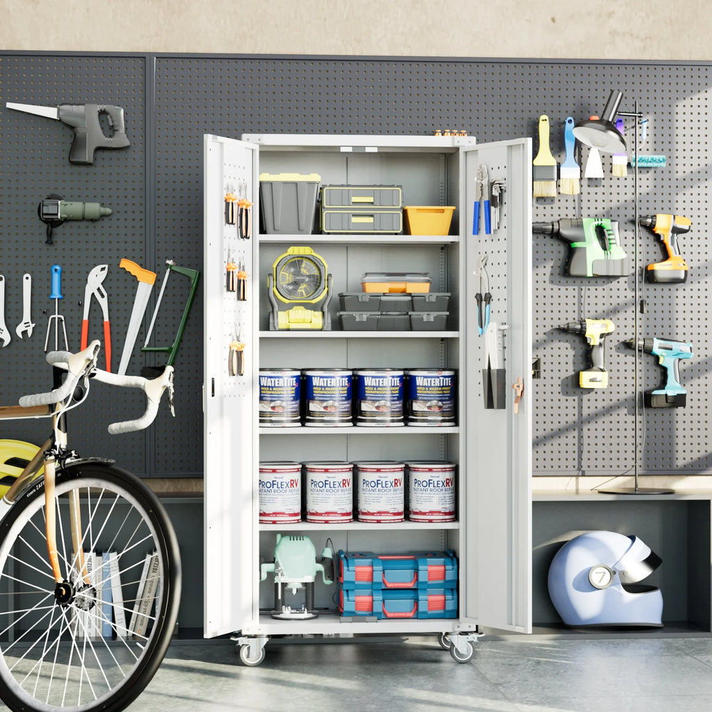 GangMei 71 Inches Tall Metal Garage Storage Cabinets with 5 Adjustable Shelves & Pegboards, Lockable Steel Black Storage Cabinet with Doors for Office, Home, School, Shops, Garage, Assembly required
