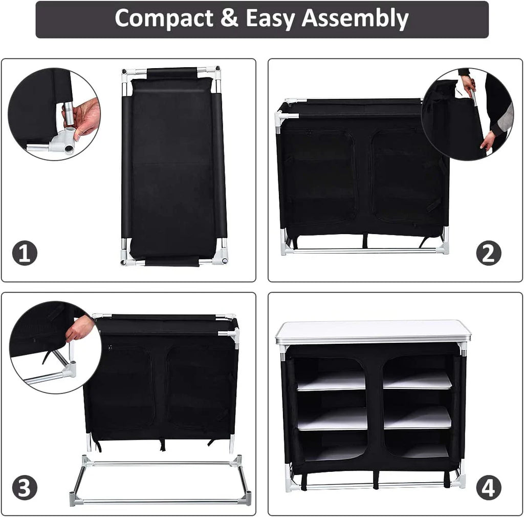 Cook Table Kitchen Station with Storage Organizer and Carrying Bag, for BBQ Party, Picnics, Backyards, Tailgating, Portable, Black