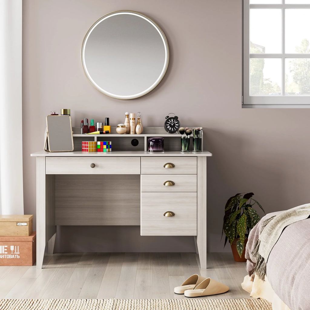 Homfa 47 in Computer Desk, Home Office Writing Table with 4 Drawers and Hutch Shelf, Sturdy Desk with Spacious Desktop, Oak White Finish