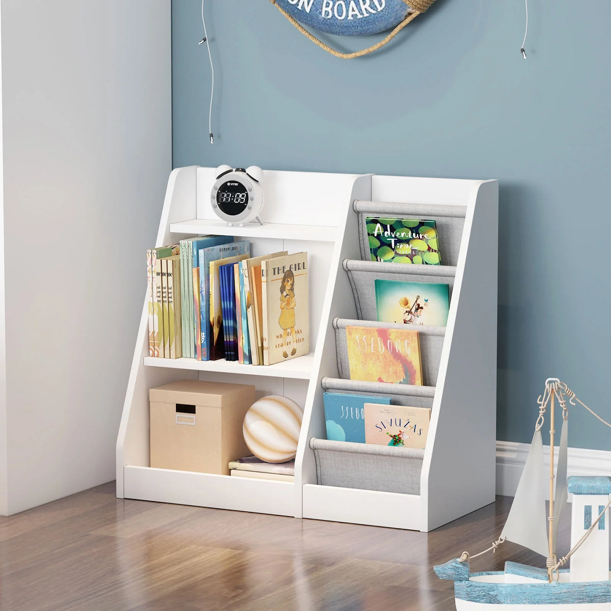 Hironpal Small 3 Tier Kids Bookshelf with 4 Layer Sling Adjustable Book Display Shelf for Nursery Playroom Kids Baby Bedroom