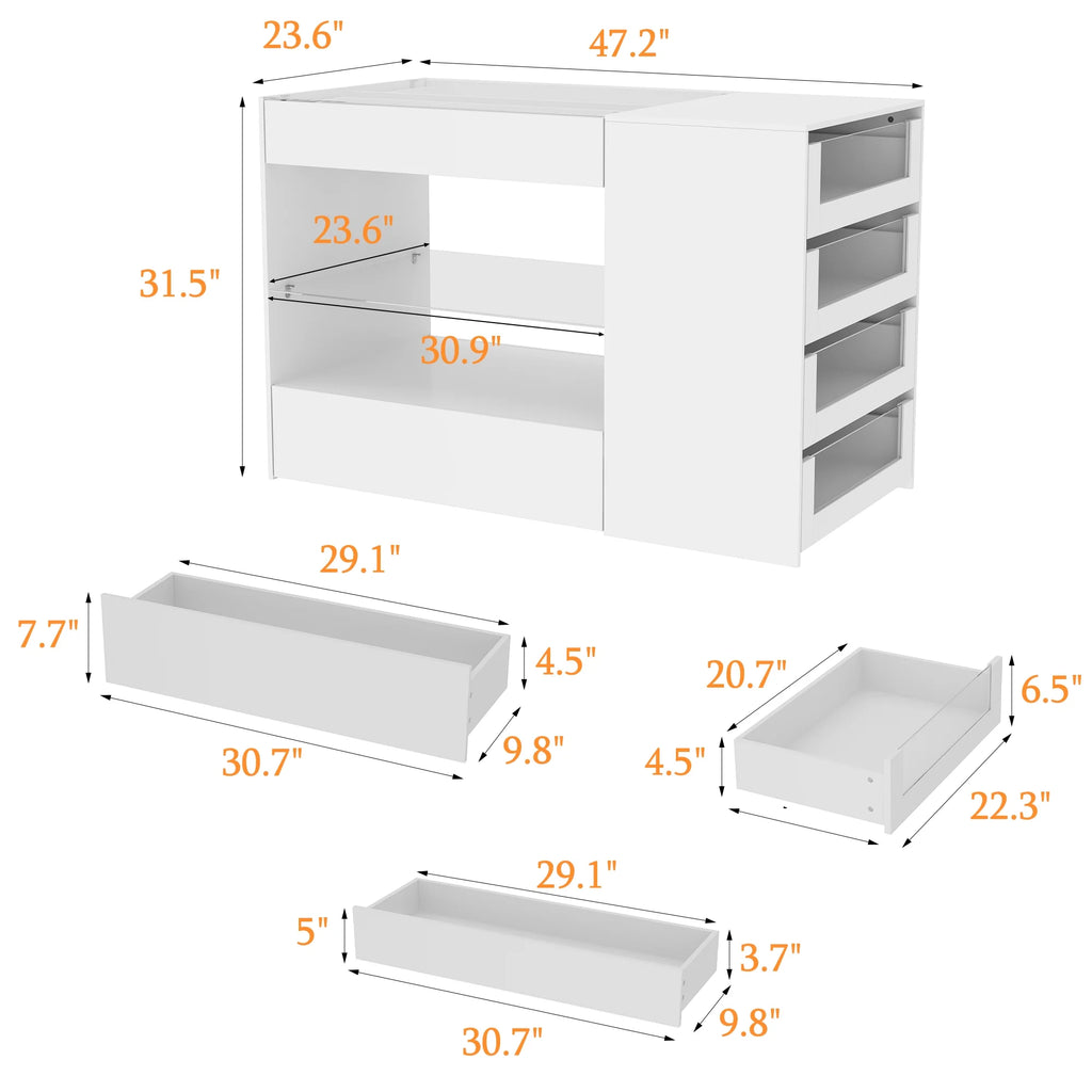 KULAGAGA Closet Island with Glass Top & 8 Drawers,Wardrobe Armoire  Island for Walk-in Closet, Store Dressing Room, 47.2 W x 23.6 D x 31.5 H