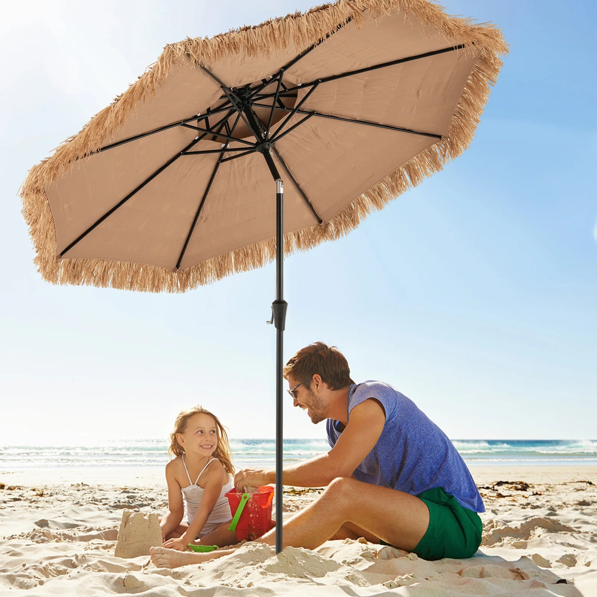 Gymax 8.8 FT Hawaiian Style Umbrella Thatched Tiki Umbrella w/8 Ribs Sun-proof Fabric
