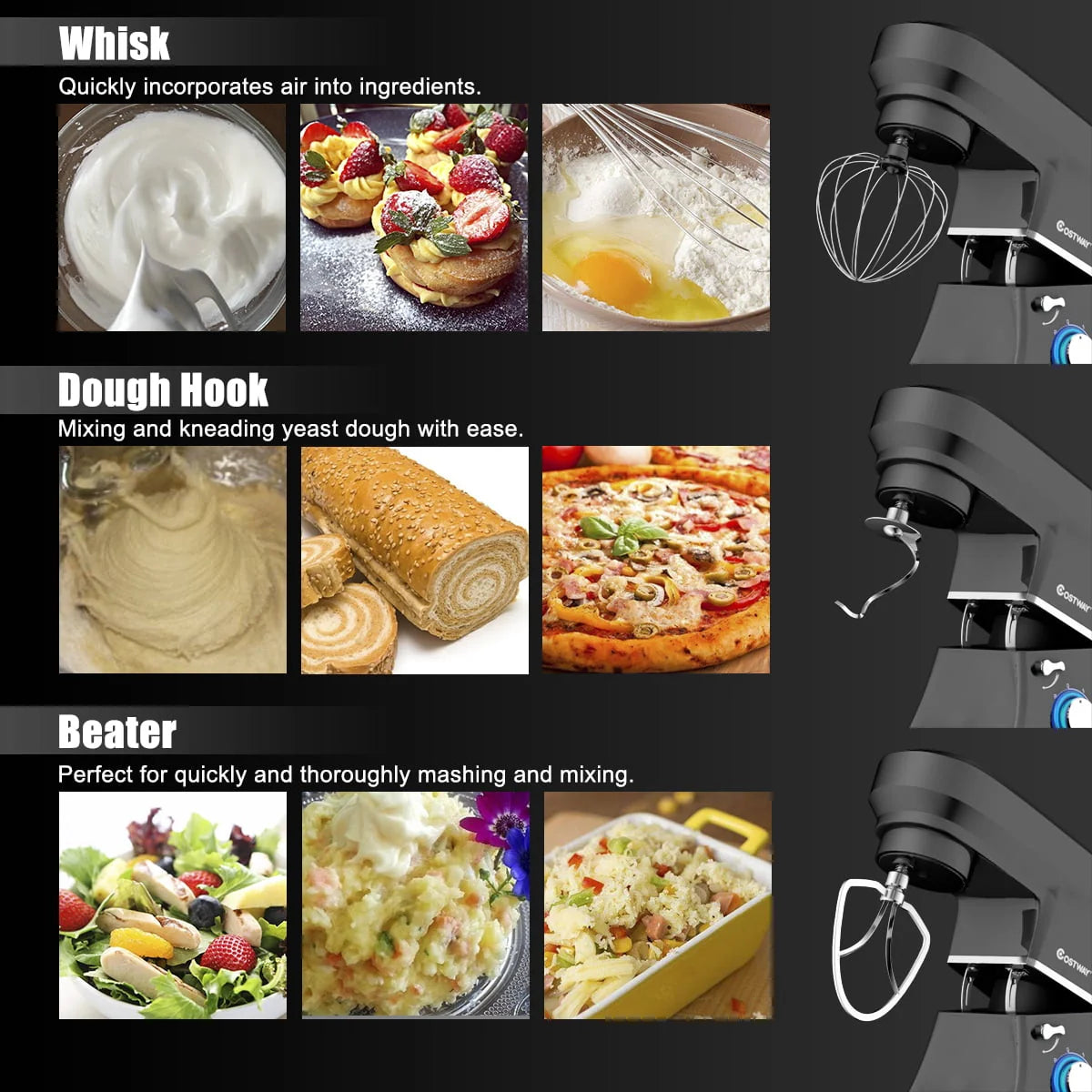 Costway Tilt-Head Stand Mixer 7.5 Qt 6 Speed 660W with Dough Hook, Whisk & Beater Black
