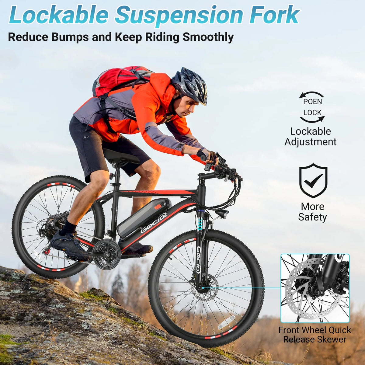 Gocio 26" Electric Bike for Adults, 500W Electric Mountain Bike, 48V 7.8Ah Removable Battery, Ebike with Front Fork Suspension, 21 Speed, UL 2849