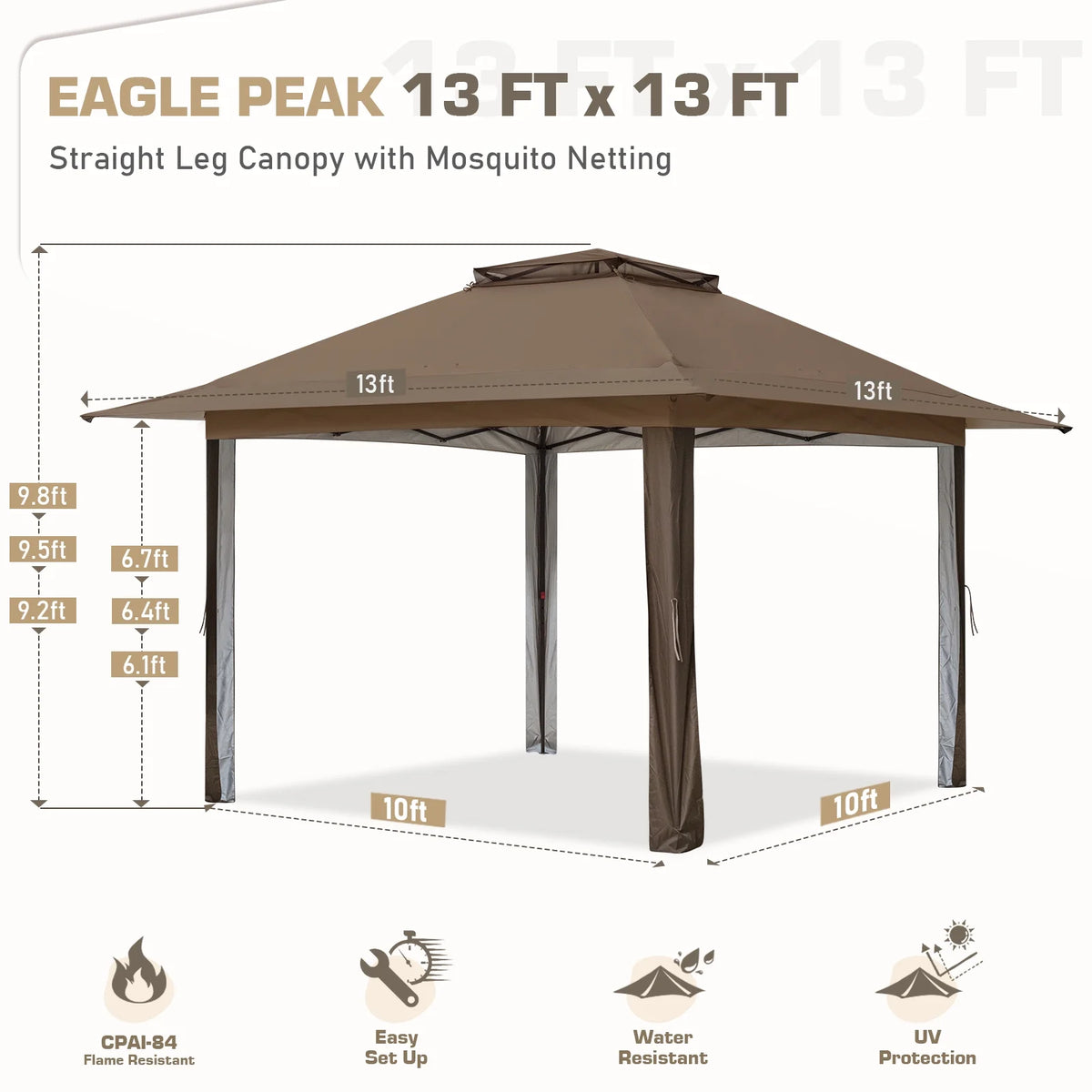 EAGLE PEAK 13' x 13' Pop-Up Gazebo Tent Instant w/Mosquito Netting，Outdoor Gazebo Canopy Easy Set-up Folding Shelter (Beige/Brown)