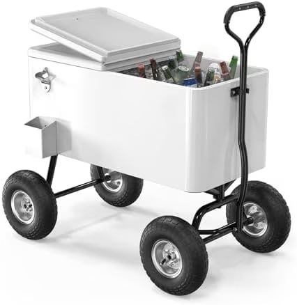 80 Quart Wagon Rolling Cooler Ice Chest, /Long Handle and 10" Wheels, Portable Beach Patio Party Bar Cold Drink Beverage, Outdoor Park Cart on Wheels