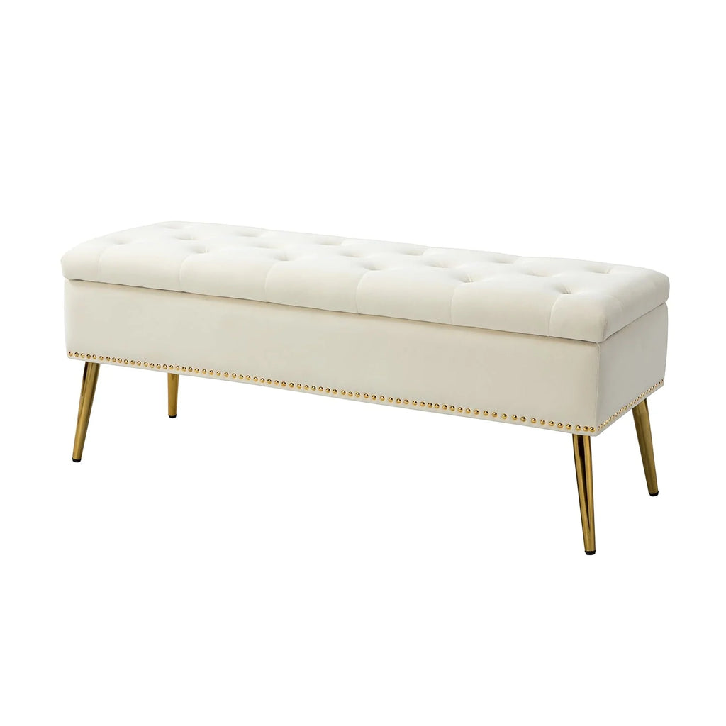 14 Karat Home Velvet Storage Ottoman Bench Gold Leg Upholstered Nailhead Trim Button Tufted Footstool Entryway Bedroom Living Room Pink