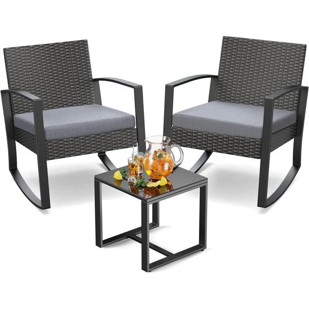 Patio Chairs Set, Outdoor Porch Balcony Furniture Set with Glass Coffee Table, Patio Rocking Wicker Chairs Set with Gray Cushion(Upgraded)