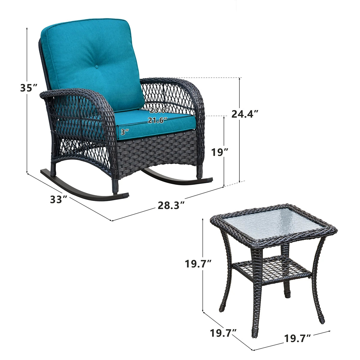 JP Outdoor 3Pcs Outdoor Wicker Rocking Porch Chairs with Coffee Table,Kahki