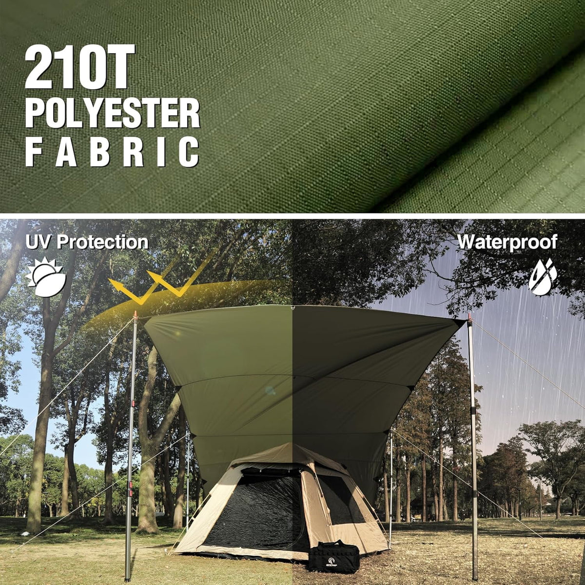 REDCAMP Large 10x17ft Waterproof Camping Tarp, Portable Hammock Rain Fly with 4 Collapsible Tarp Poles, 8 Guy Lines & Stakes, Backpacking Tent Shelter for Camping, Hiking, Beach (4 Poles)