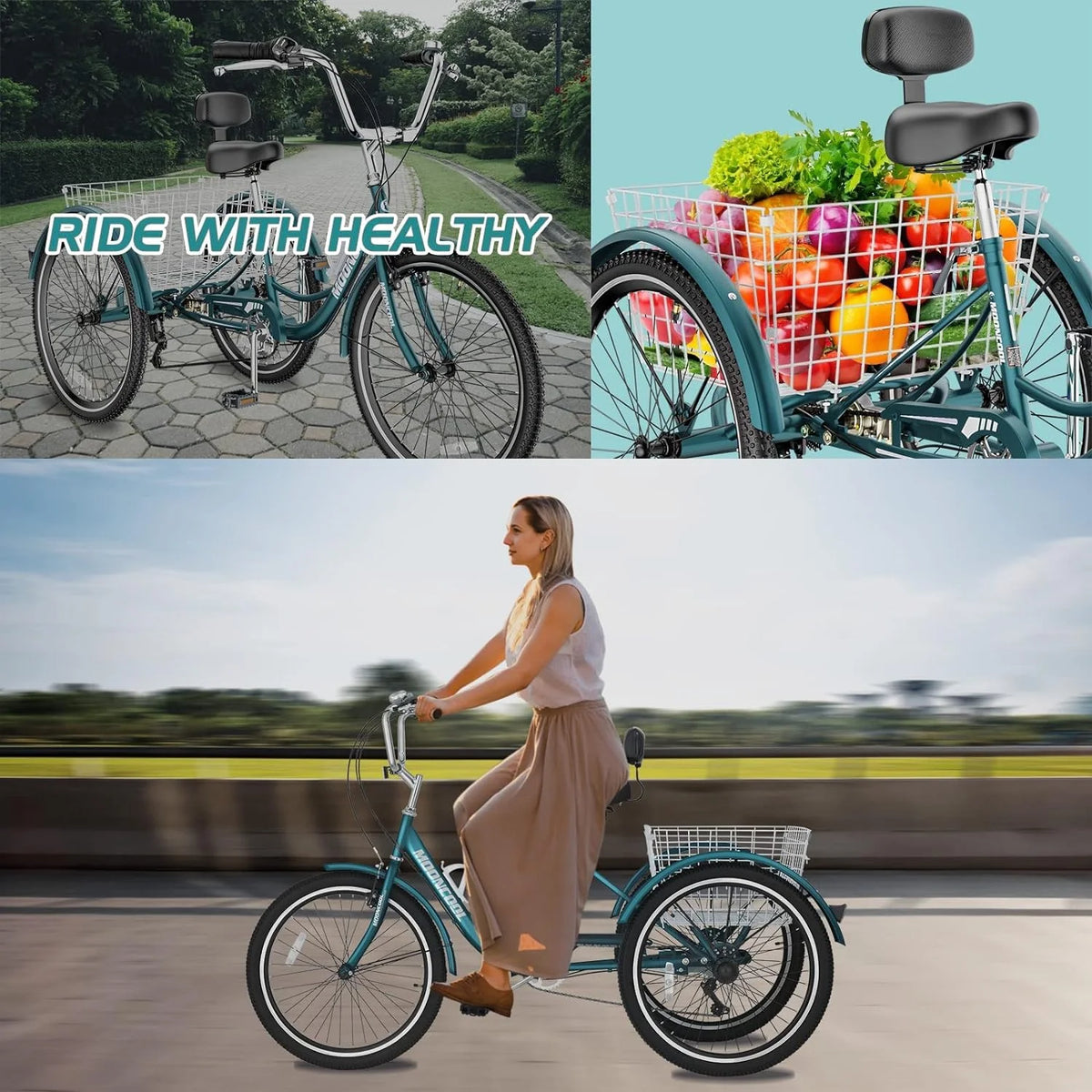 FICISOG 7 Speed Adult Tricycle for Women, 20/24/26 Inch Adult Trike with Basket, 3 Wheel Bikes for Adults Seniors, Cruise Trike for Shopping Picnic
