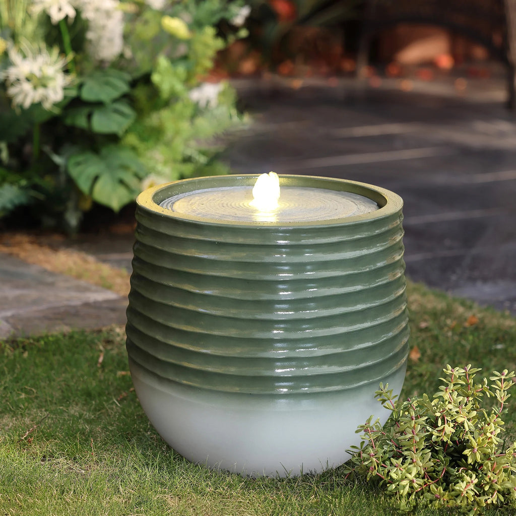 LuxenHome 20" Resin Lighted Garden Bubbling Water Fountain with Emerald Ribbed Top and Ivory Bottom