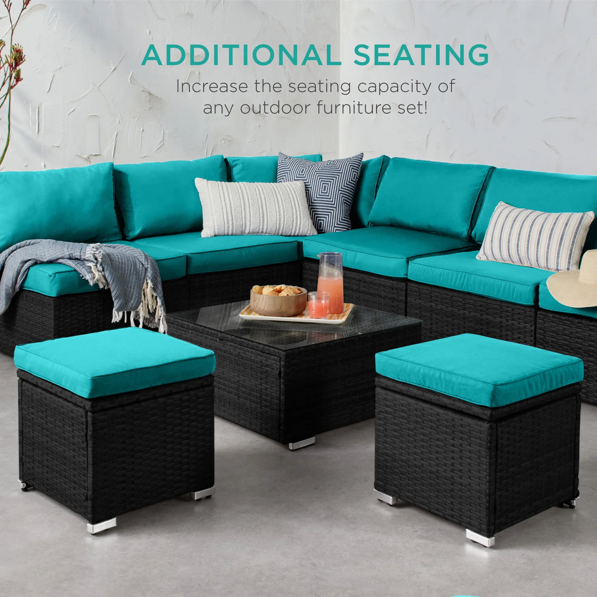 Best Choice Products Set of 2 Wicker Ottomans, Multipurpose Furniture w/ Removable Cushions - Brown/Beige