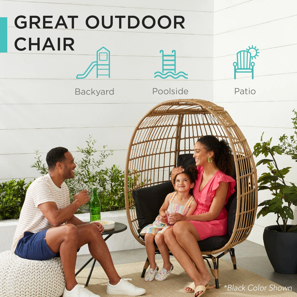 Best Choice Products Wicker Egg Chair Oversized Indoor Outdoor Patio Lounger w/ Steel Frame, 440lb Capacity - Black